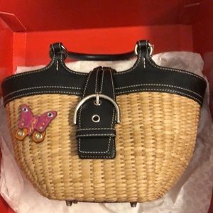 Coach Vintage Leather Wicker Straw Bucket Basket Tote Bag L3K-6270